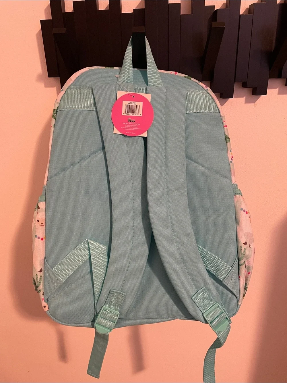 Kids Llama Print Backpack with Aqua Front Pocket -NEW